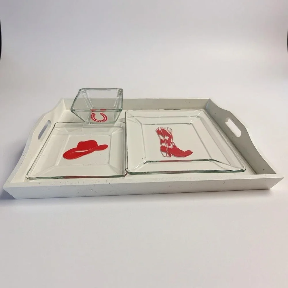 Glass dishes hand painted Cowboy Theme. Food safe
